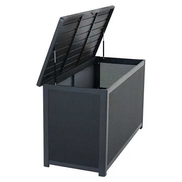 Siena Garden Garten-Aufbewahrungsbox Sabano - 135,5 x 58,7 x 75 cm, Aluminium, Anthrazit - Geöffnete, graue Gartenbox zur Aufbewahrung von Gartengeräten. Die Box hat einen Deckel und eine Netzstruktur an der Innenseite.