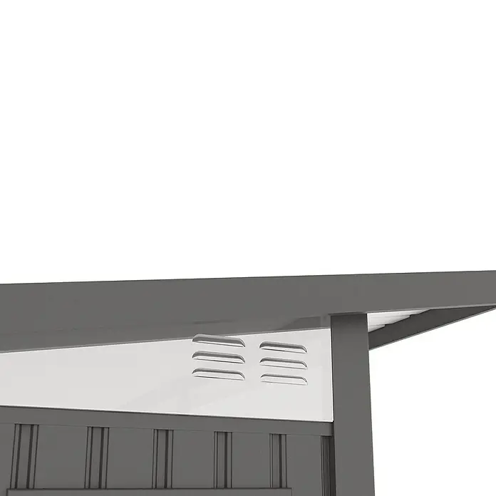 Gardol Gerätehaus Style - Außenmaß inkl. Dachüberstand (B x T): 225 x 190 cm, Metall, Schwarz - Detailaufnahme eines Gartenhauses mit Lüftungsschlitzen unter dem Dach, das für eine gute Belüftung sorgt.