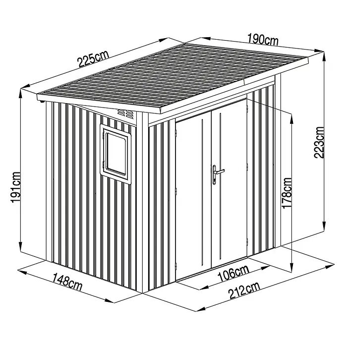 Gardol Gerätehaus Style - Außenmaß inkl. Dachüberstand (B x T): 225 x 190 cm, Metall, Schwarz - Darstellung eines Metall-Gartenschuppens mit den Maßen 225 cm Länge und 190 cm Breite des Daches und 212 cm Länge, 148 cm Breite des Schuppens.