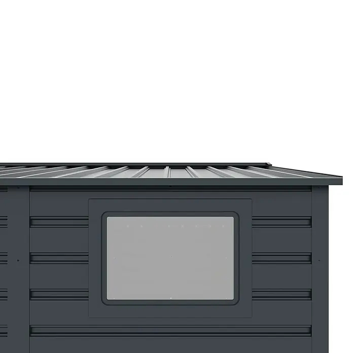 Gardol Gerätehaus Easy One - Außenmaß inkl. Dachüberstand (B x T): 213 x 195 cm, Metall, Anthrazit - Nahaufnahme einer Gartenlaube mit Fenster und grauem Metalldach, ideal für die Aufbewahrung von Gartengeräten.