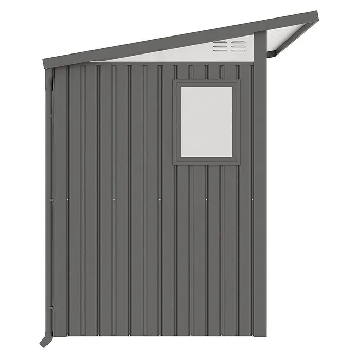 Gardol Gerätehaus Style - Außenmaß inkl. Dachüberstand (B x T): 225 x 190 cm, Metall, Schwarz - Abbildung eines grauen Gartenhauses mit einem Fenster und einem schrägen Dach, ideal für die Lagerung von Gartengeräten und Werkzeugen.