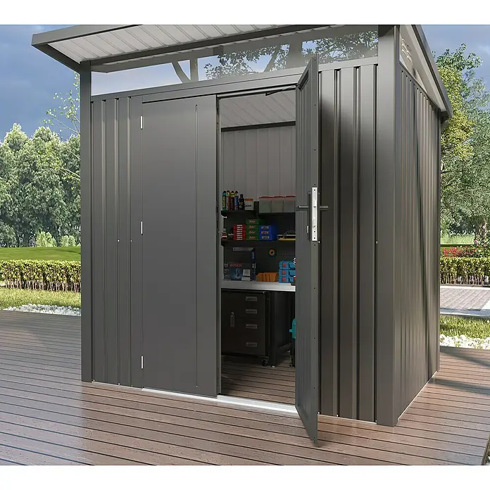 Gardol Gerätehaus Style - Außenmaß inkl. Dachüberstand (B x T): 225 x 190 cm, Metall, Schwarz - Metall-Gartenschrank mit geöffneter Schiebetür, bietet Stauraum für Werkzeuge und Gartengeräte im Außenbereich.