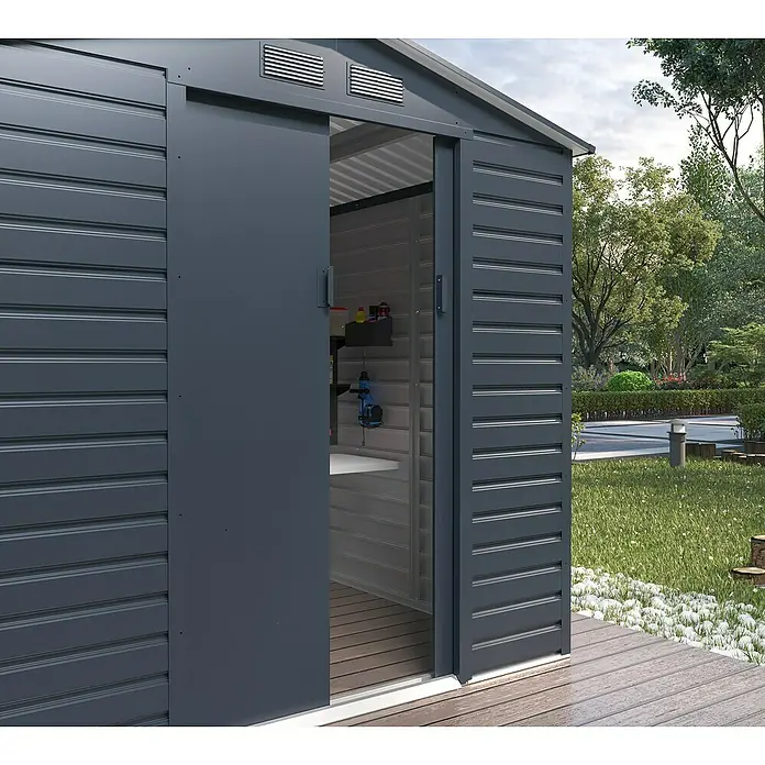 Gardol Gerätehaus Easy One - Außenmaß inkl. Dachüberstand (B x T): 213 x 195 cm, Metall, Anthrazit - Nahaufnahme eines Gartenschuppens mit Schiebetür, ideal zur Aufbewahrung von Gartengeräten und Werkzeugen. Praktisch und platzsparend.