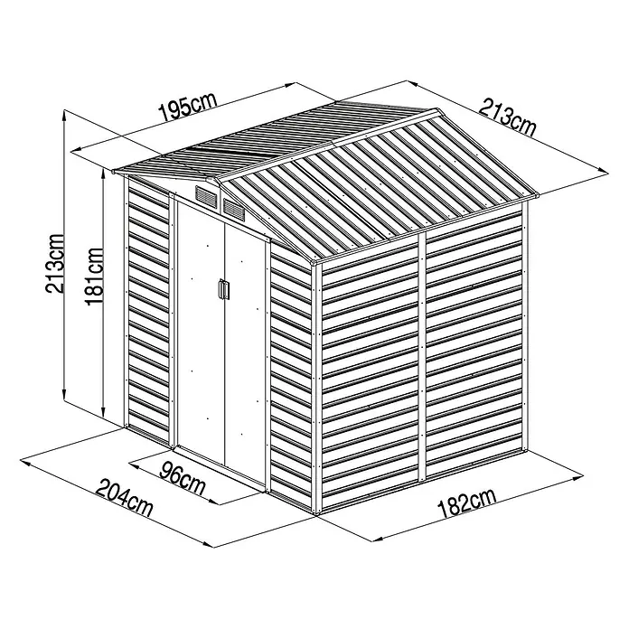 Gardol Gerätehaus Easy One - Außenmaß inkl. Dachüberstand (B x T): 213 x 195 cm, Metall, Anthrazit - Abbildung eines Gartenschuppens mit Maßangaben zur Veranschaulichung der Größe und der Abmessungen.