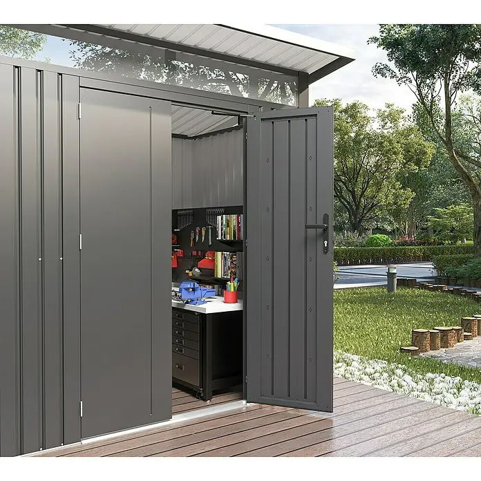 Gardol Gerätehaus Style - Außenmaß inkl. Dachüberstand (B x T): 225 x 190 cm, Metall, Schwarz - Geräumiger Geräteschuppen mit Schiebetüren und Werkbank im Inneren, ideal für die Gartenarbeit und Heimwerkerprojekte.