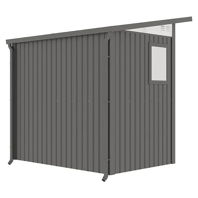 Gardol Gerätehaus Style - Außenmaß inkl. Dachüberstand (B x T): 225 x 190 cm, Metall, Schwarz - Ein graues Metallgartenhaus mit einem Fenster und einem grauen Dachrand, das sich perfekt für die Aufbewahrung von Gartengeräten eignet.