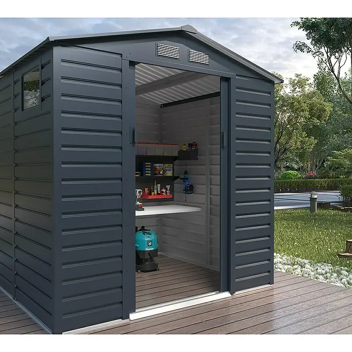 Gardol Gerätehaus Easy One - Außenmaß inkl. Dachüberstand (B x T): 213 x 195 cm, Metall, Anthrazit - Geräumiges Gartenhaus aus Metall mit Schiebetür und Fenster für zusätzlichen Stauraum und Organisation im Freien.