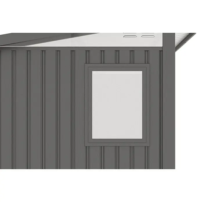 Gardol Gerätehaus Style Max - Außenmaß inkl. Dachüberstand (B x T): 289 x 253 cm, Stahl, Schwarz - Detailansicht eines grauen Gartenhauses mit Fenster. Das Fenster ist rechteckig und mit einem Rahmen versehen.