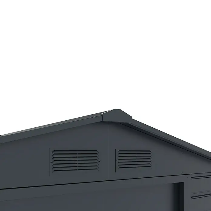 Gardol Gerätehaus Easy One - Außenmaß inkl. Dachüberstand (B x T): 213 x 195 cm, Metall, Anthrazit - Nahaufnahme eines grauen Gartenhauses mit Entlüftungsöffnungen unterhalb des Giebels.