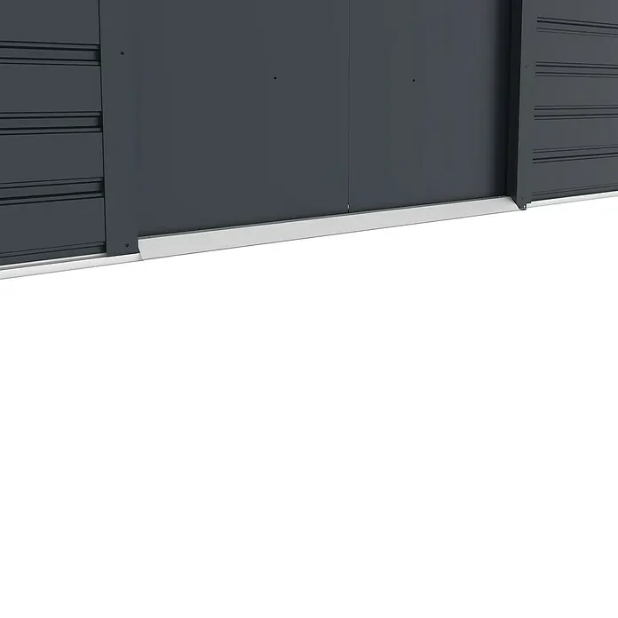 Gardol Gerätehaus Easy One - Außenmaß inkl. Dachüberstand (B x T): 213 x 195 cm, Metall, Anthrazit - Nahaufnahme einer modernen, anthrazitfarbenen Lagerscheune mit markanten horizontalen Linien und einem eleganten, silbernen Sockel.