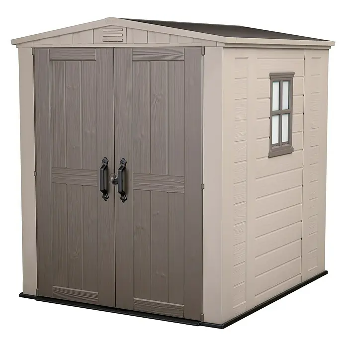 Keter Caseta de jardín Factor 6x6 - Medidas ext. (An x Pr): 195,5 x 178 cm, Taupe/Beige, Plástico, Área: 3,47 m² - Un cobertizo de jardín espacioso de plástico con puertas dobles y una ventana, que ofrece un almacenamiento práctico para herramientas de jardín.