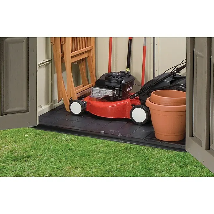 Keter Caseta de jardín Factor 6x6 - Medidas ext. (An x Pr): 195,5 x 178 cm, Taupe/Beige, Plástico, Área: 3,47 m² - Cortacésped y herramientas de jardinería bien guardados en un cobertizo de jardín espacioso.