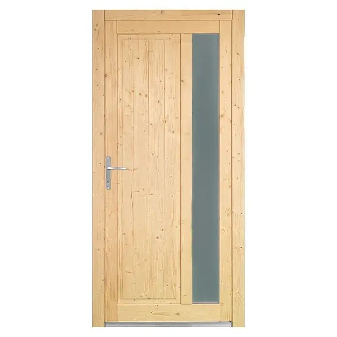 Panto Nebeneingangstür NET 511 - 98 x 200 cm, DIN Anschlag: Links - Hölzerne Tür mit Glasstreifen und silbernem Griff. Die Tür hat eine natürliche Holzmaserung.