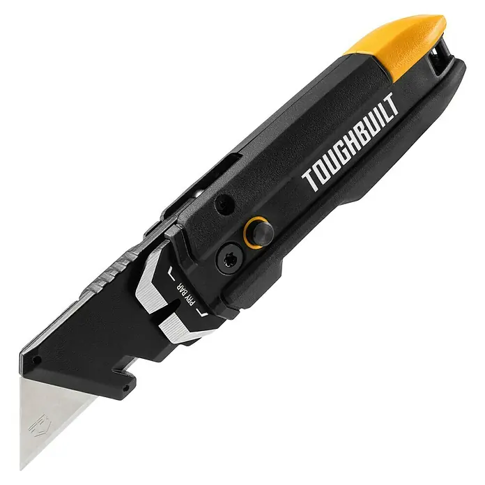 ToughBuilt Cuchillo cúter TB-H4-12-IST-BEA - Aluminio, Negro/Amarillo - Primer plano de un cúter multiusos ToughBuilt negro y amarillo con hoja extensible.