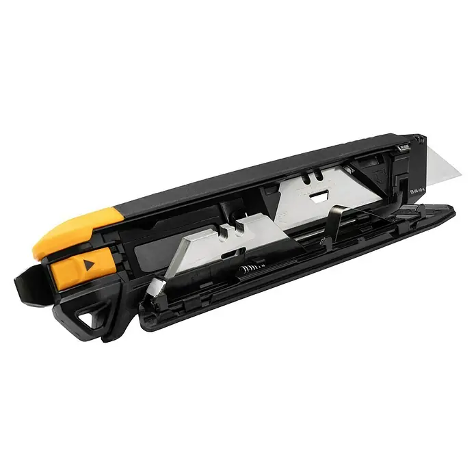ToughBuilt Cuchillo cúter TB-H4-10-A-BEA - Negro/Amarillo - Imagen de un cúter plegable de una mano negro y amarillo con una cuchilla afilada en el interior, ideal para cortar.