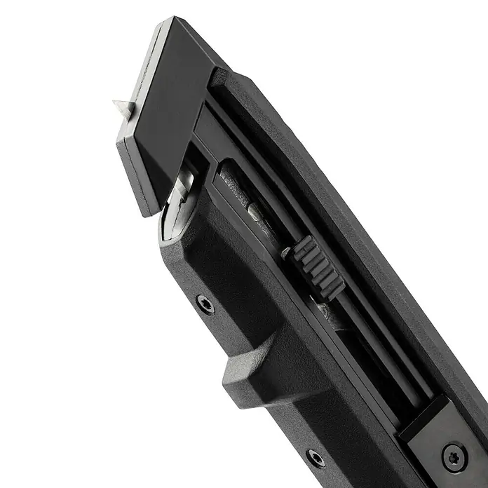 ToughBuilt Cuchillo cúter TB-H4-10-A-BEA - Negro/Amarillo - Primer plano de un cerrojo negro con un control deslizante de ajuste. Ingeniería de precisión y construcción robusta.