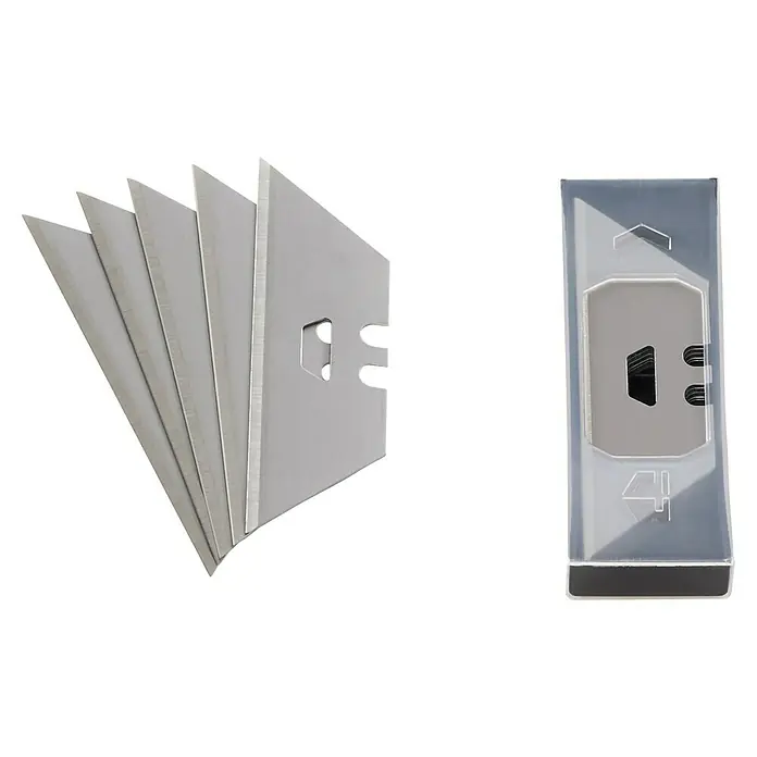 ToughBuilt Juego de cuchillas de repuesto TB-H4S30-80 - 30 ud. - Primer plano de cuchillas de cúter multiusos con cortador separable y un estuche de plástico, que ofrece soluciones de corte prácticas.