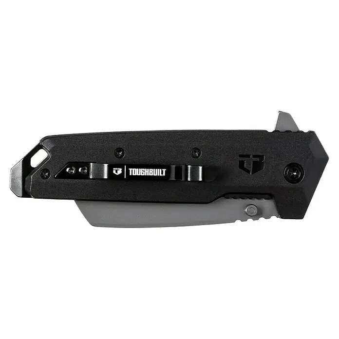 ToughBuilt Navaja de bolsillo Hawkbill - Acero inoxidable - Navaja utilitaria Toughbuilt plegable negra y gris con clip para cinturón y orificio para cordón.