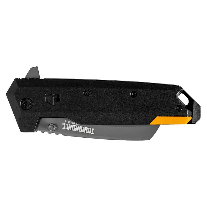 ToughBuilt Navaja de bolsillo Hawkbill - Acero inoxidable - Cuchillo utilitario plegable negro y gris con mango texturizado, tornillos Torx visibles y un acento amarillo.