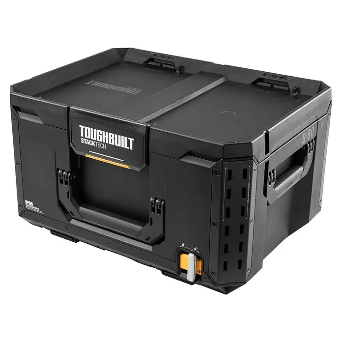 ToughBuilt StackTech Werkzeugkasten Large - L x B x H: 40,6 x 53,3 x 29,7 cm, Kunststoff, Traglast: 45 kg - Schwarze Toughbuilt StackTech Werkzeugkiste, ideal für die sichere Aufbewahrung und den Transport von Werkzeugen und Zubehör.
