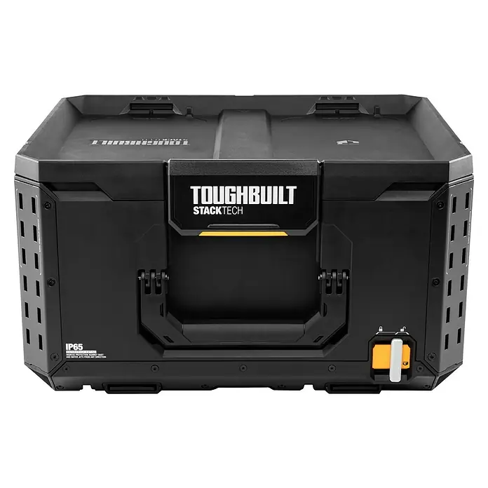 ToughBuilt StackTech Caja para herramientas - L x An x Al: 40,6 x 53,3 x 29,7 cm, Plástico, Capacidad de carga: 45 kg - Esta imagen muestra una caja de herramientas Toughbuilt StackTech robusta y negra, ideal para guardar y transportar herramientas.