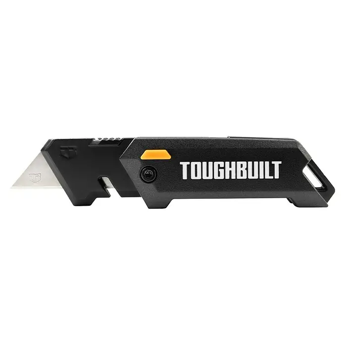 ToughBuilt Cuchillo de trabajo TB-H4-12-C - Aluminio, L x An x Al: 25,4 x 700 x 205 mm - Primer plano de un robusto cúter multiusos ToughBuilt, con un diseño negro resistente y una hoja afilada.