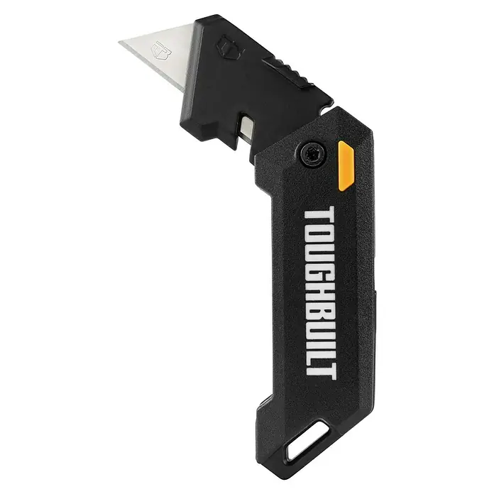 ToughBuilt Cuchillo de trabajo TB-H4-12-C - Aluminio, L x An x Al: 25,4 x 700 x 205 mm - Primer plano de un cúter plegable negro Toughbuilt con la hoja extendida y el logotipo de la empresa.