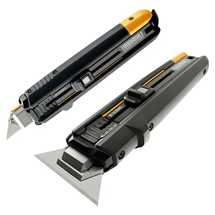 ToughBuilt Cuchillo cúter TB-H4S5-01 - Largo: 312 mm, Acero - Una vista de dos robustos raspadores y cúteres Toughbuilt con diseño negro y amarillo.
