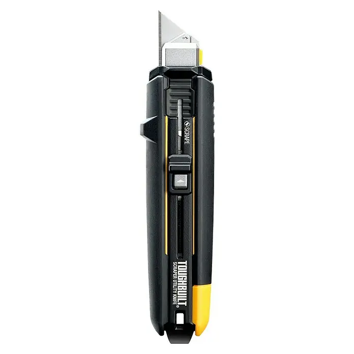ToughBuilt Cuchillo cúter TB-H4S5-01 - Largo: 312 mm, Acero - Primer plano de un cúter Toughbuilt con botón de expulsión de la cuchilla y hoja rascadora. Diseño compacto para corte y raspado versátiles.