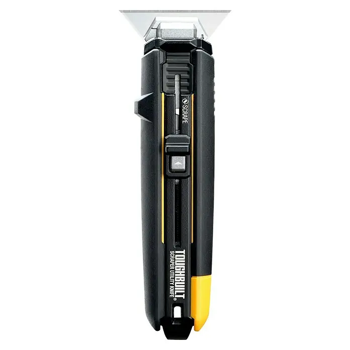 ToughBuilt Cuchillo cúter TB-H4S5-01 - Largo: 312 mm, Acero - Primer plano de un cúter raspador negro TOUGHBUILT con detalles amarillos y una hoja extensible.