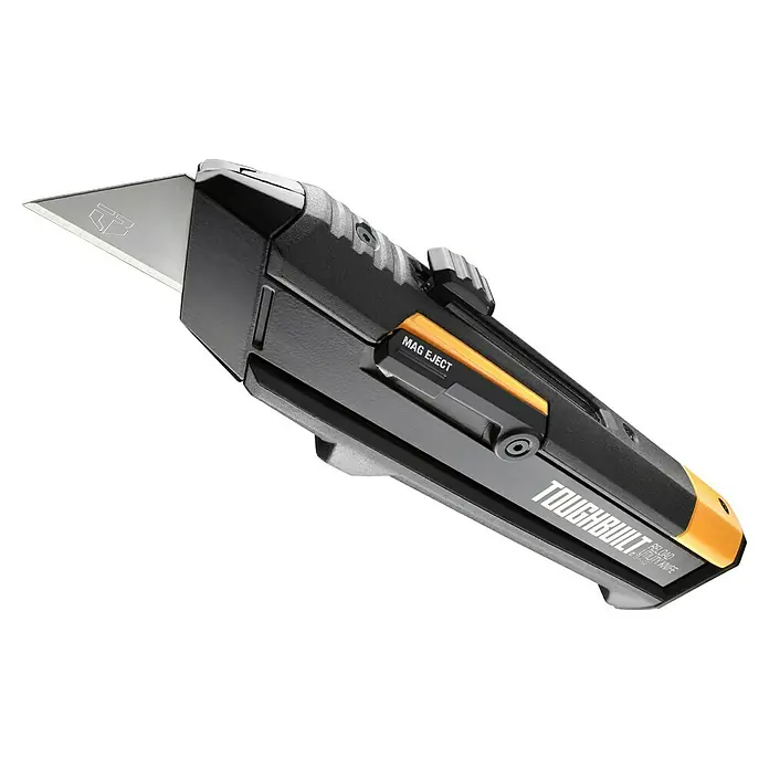 ToughBuilt Navaja de bolsillo TB-H4S2-03 - Largo: 10,2 mm, Aluminio, Negro/Amarillo - Primer plano de un cuchillo multiusos Toughbuilt Reload que muestra su afilada hoja y su robusto cuerpo negro y naranja.