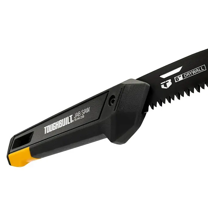ToughBuilt Serrucho de calar para placas de yeso laminado TB-H4S2-23-BEA - Longitud de hoja: 150 mm - Serrucho de punta Toughbuilt con hoja negra, marcado de pladur de 6 pulgadas y mango negro y amarillo.