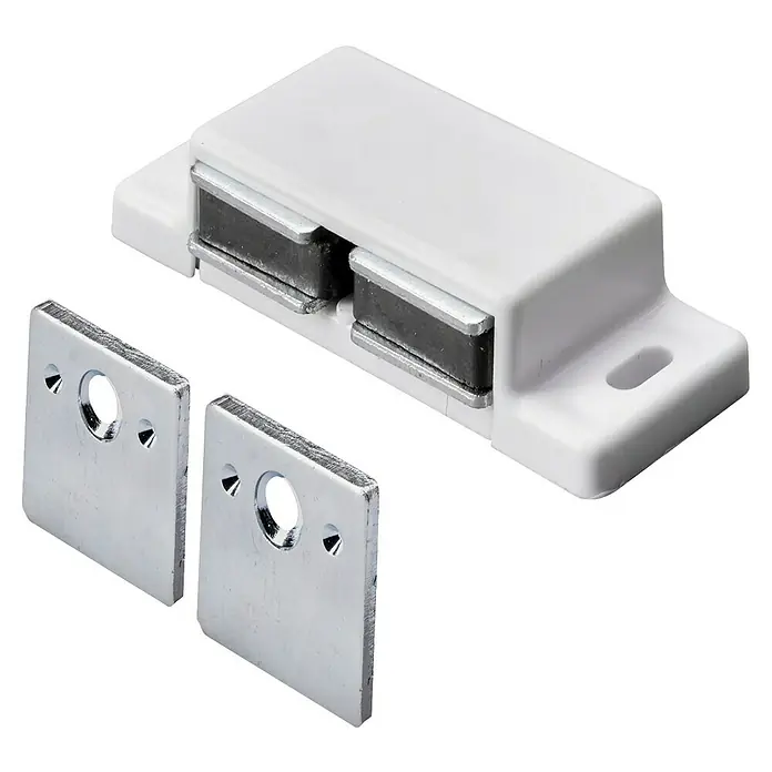 Hettich Magnetverschluss - Haftkraft: 5 kg, Weiß - Ein weißer magnetischer Türverschluss mit zwei Metallplatten zur sicheren Befestigung von Türen und Schränken.