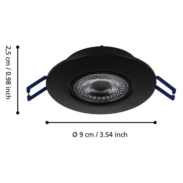 Eglo LED-Einbauleuchte Agulo - Warmweiß, Durchmesser: 85 cm, Schwarz - Produktbild einer runden, schwarzen LED-Einbauleuchte mit den Maßen 2,5 cm Höhe und 9 cm Durchmesser.