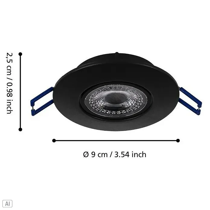 Eglo LED-Einbauleuchte Agulo - Warmweiß, Durchmesser: 85 cm, Schwarz - Produktbild einer runden, schwarzen LED-Einbauleuchte mit den Maßen 2,5 cm Höhe und 9 cm Durchmesser.