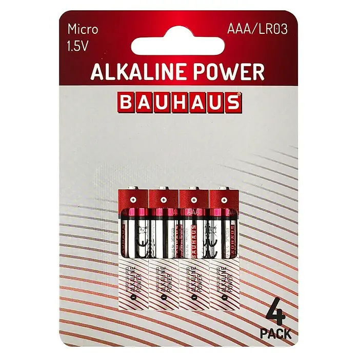 BAUHAUS Alkaline-Batterie Power - Micro AAA, Alkali-Mangan, 1,5 V, 4 Stk. - Eine Packung Bauhaus Alkaline Power AAA/LR03 Batterien (4 Stück) mit rotem Design.