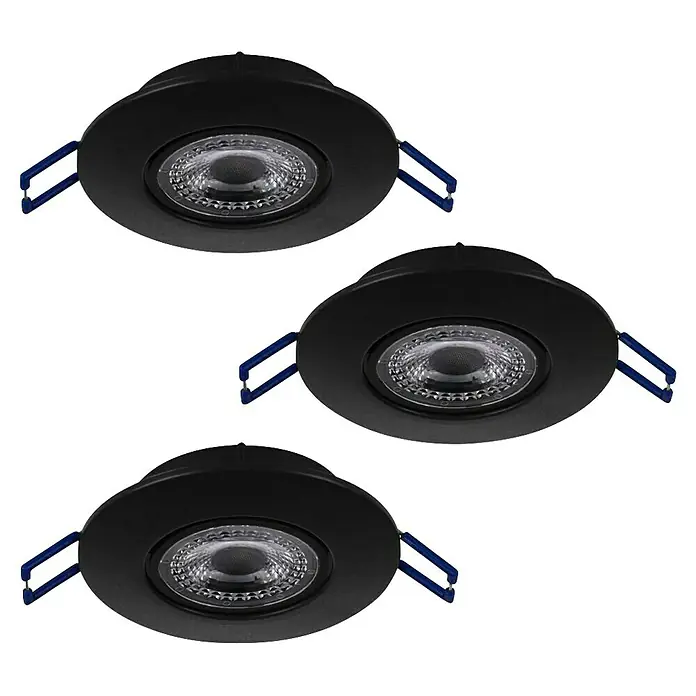 Eglo LED-Einbauleuchte Agulo - Warmweiß, Durchmesser: 85 cm, Schwarz - Nahaufnahme von drei schwarzen Einbaustrahlern mit strukturierten Lichtaustrittsöffnungen, die eine moderne Beleuchtungslösung präsentieren.