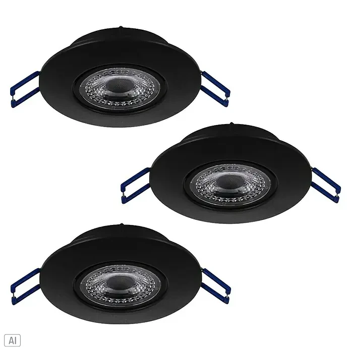 Eglo LED-Einbauleuchte Agulo - Warmweiß, Durchmesser: 85 cm, Schwarz - Nahaufnahme von drei schwarzen Einbaustrahlern mit strukturierten Lichtaustrittsöffnungen, die eine moderne Beleuchtungslösung präsentieren.
