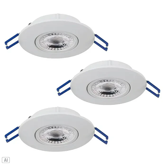Eglo LED-Einbauleuchte Agulo - Warmweiß, Durchmesser: 9 cm, Weiß - Drei runde, weiße LED-Einbaustrahler mit blauen Anschlussklemmen auf einem schwarzen Hintergrund, die für eine helle und effiziente Beleuchtung sorgen.