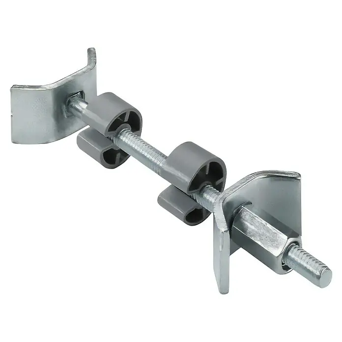 Hettich Arbeitsplattenverbinder - Länge: 150 mm - Ein verstellbarer Halter mit Metallhalterungen, einer Gewindestange und Kunststoffabstandhaltern, isoliert auf schwarzem Hintergrund.