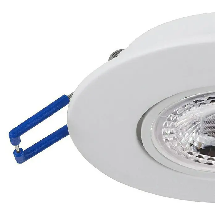 Eglo LED-Einbauleuchte Agulo - Warmweiß, Durchmesser: 9 cm, Weiß - Ein weißer LED-Einbaustrahler mit blauen Federn zur Befestigung an der Decke. Moderne Beleuchtungslösung für Innenräume.