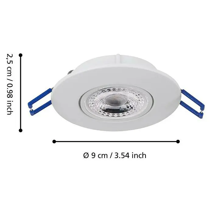 Eglo LED-Einbauleuchte Agulo - Warmweiß, Durchmesser: 9 cm, Weiß - Produktbild einer runden, weißen Einbauleuchte mit blauen Halteklammern und den Maßen 9 cm Durchmesser und 2,5 cm Höhe.
