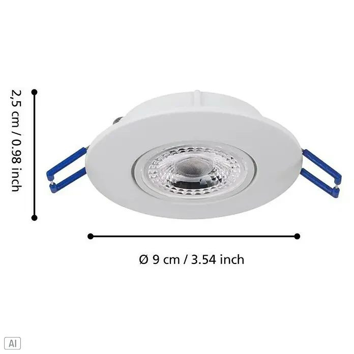 Eglo LED-Einbauleuchte Agulo - Warmweiß, Durchmesser: 9 cm, Weiß - Produktbild einer runden, weißen Einbauleuchte mit blauen Halteklammern und den Maßen 9 cm Durchmesser und 2,5 cm Höhe.