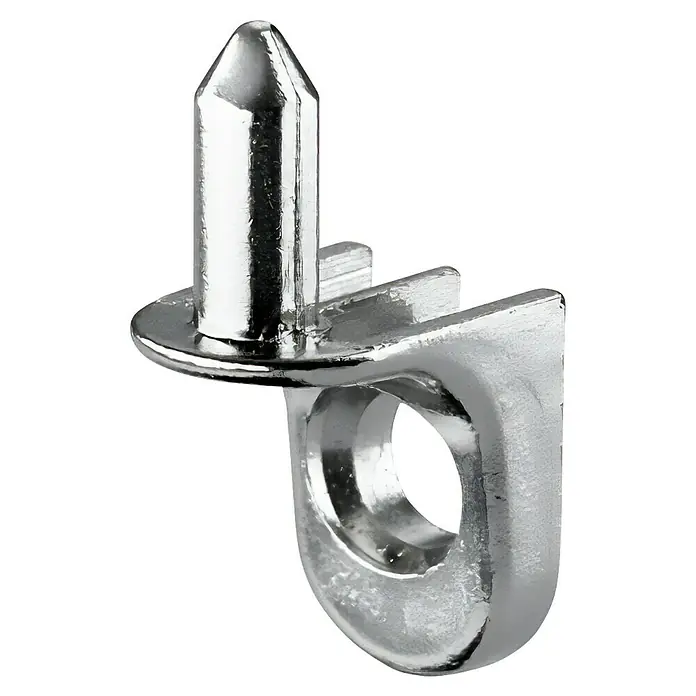 Hettich Bodenträger - Passend für: Bohrlochdurchmesser 3 oder 5 mm - Nahaufnahme eines Regalbodenhalters aus Metall, ideal für die sichere Befestigung von Regalböden in Möbeln. Silberner Glanz sorgt für ein modernes Aussehen.
