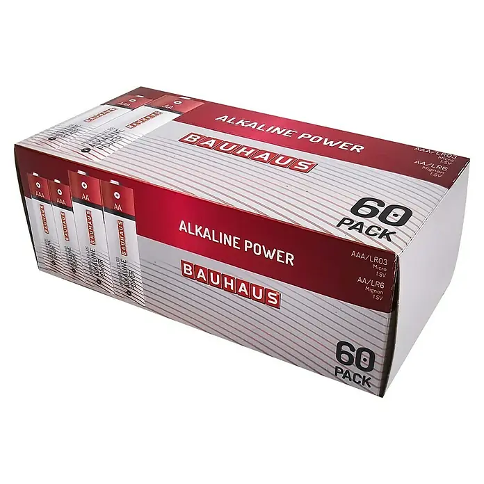 BAUHAUS Alkaline-Batterie Power MICRO AAA, MIGNON AA - Alkali-Mangan, 1,5 V, 60 Stk. - Eine Packung Bauhaus Alkaline Power Batterien. Die Packung enthält 60 Batterien der Typen AAA/LR03 Micro und AA/LR6 Mignon, jeweils 1.5V.