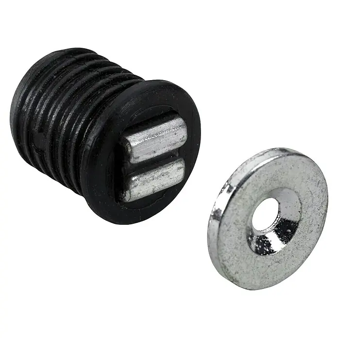 Hettich Magnetverschluss - Haftkraft: 1 kg, Schwarz - Schwarzer Gewindeeinsatz mit zwei flachen Metallantriebsflügeln und eine separate silberne Unterlegscheibe.