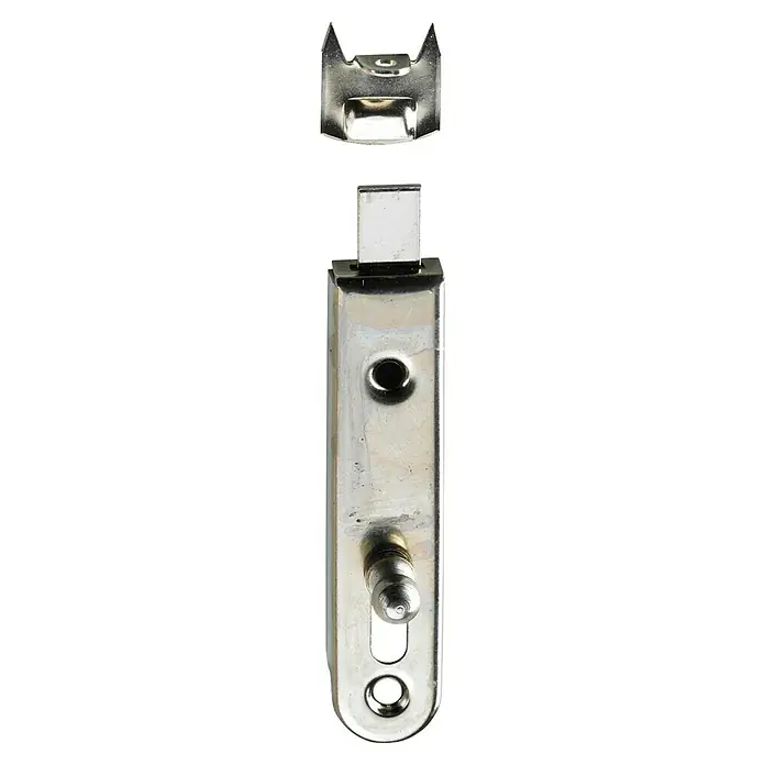 Hettich Schieberiegel - L x B: 70 x 16 mm, Silber, Stahl - Detailaufnahme eines glänzenden, silberfarbenen Türriegels mit Befestigungselementen. Ideal für die Sicherung von Türen im Innenbereich.