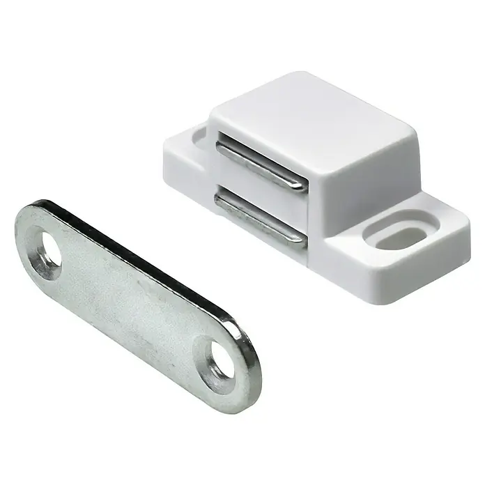 Hettich Magnetverschluss - Haftkraft: 2 kg, Weiß - Ein magnetischer Türschnapper mit Gegenstück aus Metall, ideal für die sichere Schließung von Schränken und Türen im Haushalt.