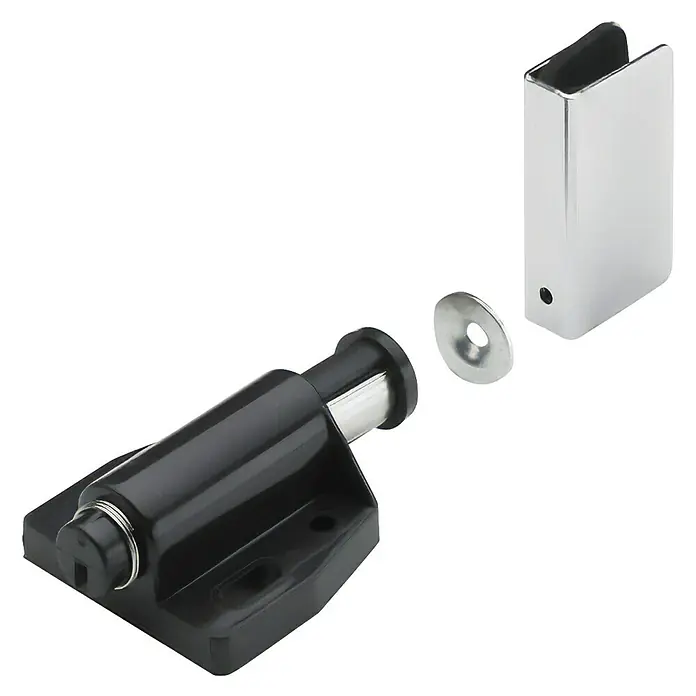 Hettich Magnetverschluss - Haftkraft: 2 kg, Schwarz - Schwarzer Push-to-Open Schnäpper aus Kunststoff mit silberner Metallplatte und Halterung für Schranktüren.