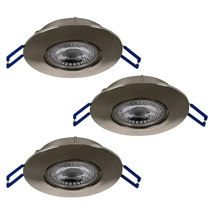 Eglo LED-Einbauleuchte Agulo - Warmweiß, Durchmesser: 85 cm, Nickel-matt - Drei runde, versenkte LED-Deckenleuchten mit gebürsteter Metallfassung und blauen Halteklammern auf schwarzem Hintergrund.